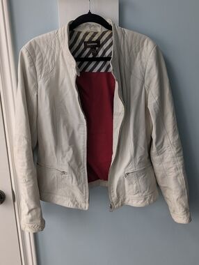 Danier Cream Leather Moto Jacket with Red Lining